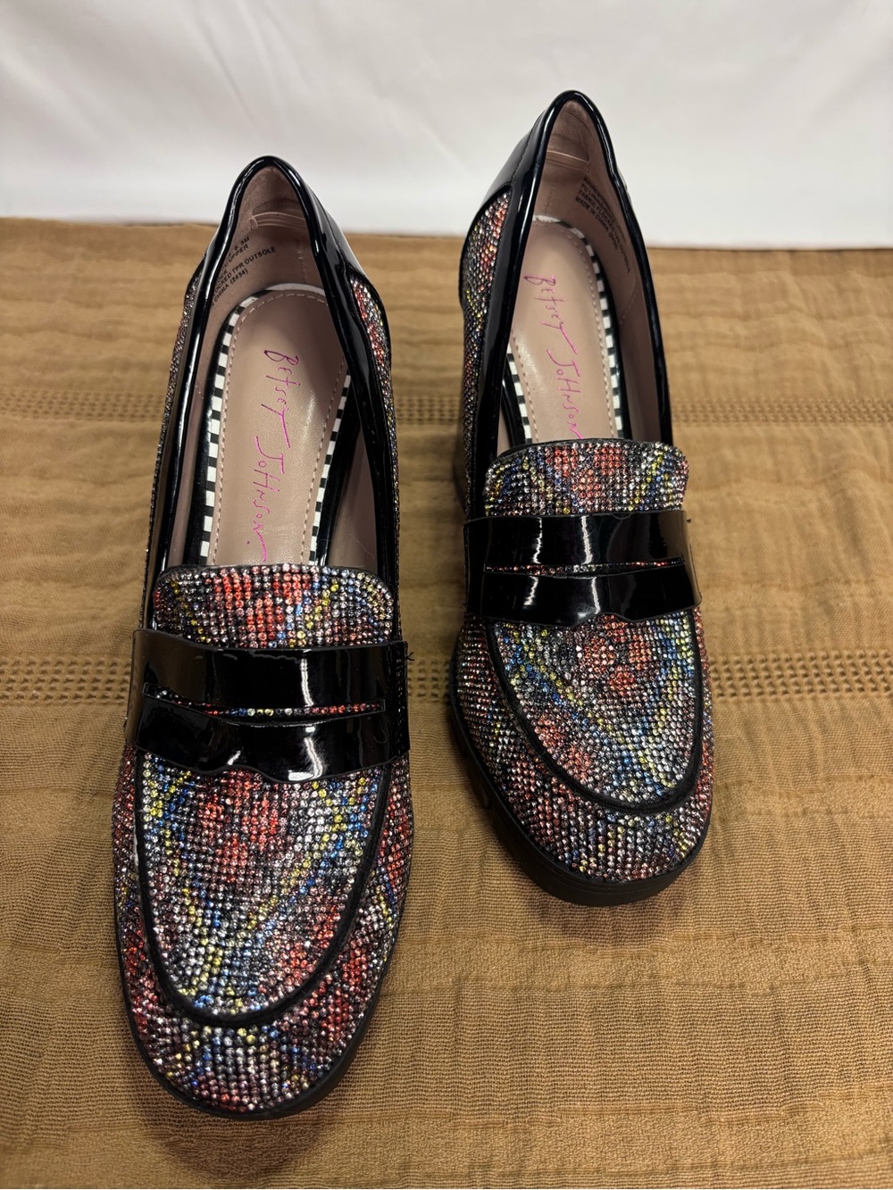 Betsey Johnson Black Patent Multicolor Beaded Block Heel Loafers - Picture 8 of 14